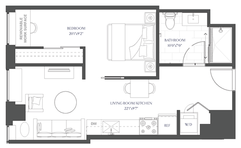 Floor plan for 1 bed, 1 bath, 563 sqft